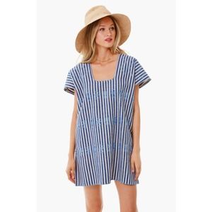 Blue Stripe Mini Sullivan Embroidered Canvas Caftan Small New